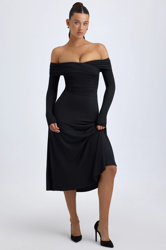 Modal Off-Shoulder Ruched Midaxi Dress in Black - Size:L